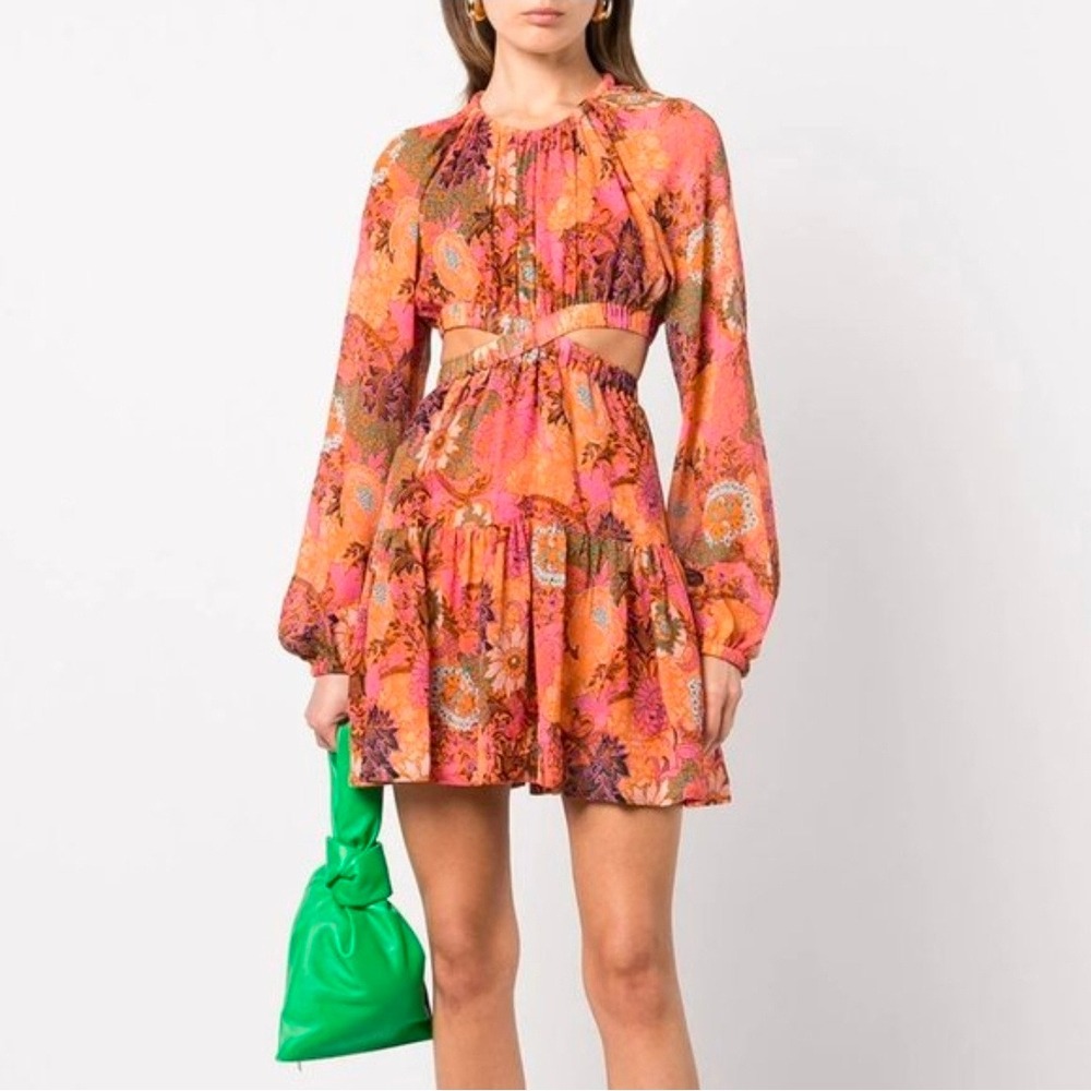 ALC Izzy Silk Mini Dress Orange Pink Floral Cutout Paisley 14 6DRES01504
